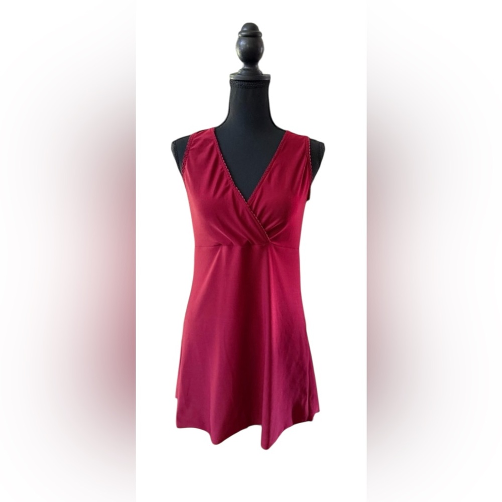 Dervish: Lace Trim Long Crimson V Neck Blouse